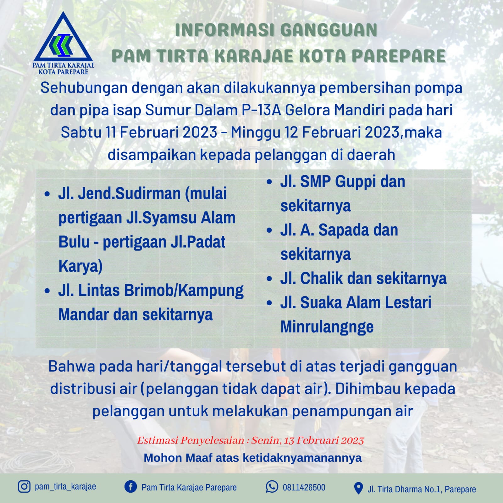 Pembersihan Pompa dan Pipa Isap Sumur Dalam, PAM Tirta Karajae Umumkan Gangguan Distribusi Air